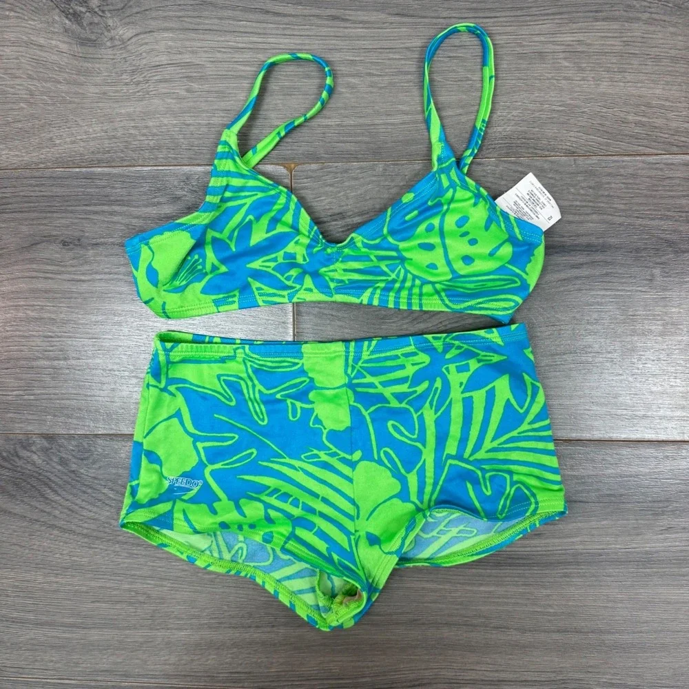 Speedo Girls 3 Piece Y2K Swim Set Bikini Rashguard Cover Up Floral Blue Green 12
